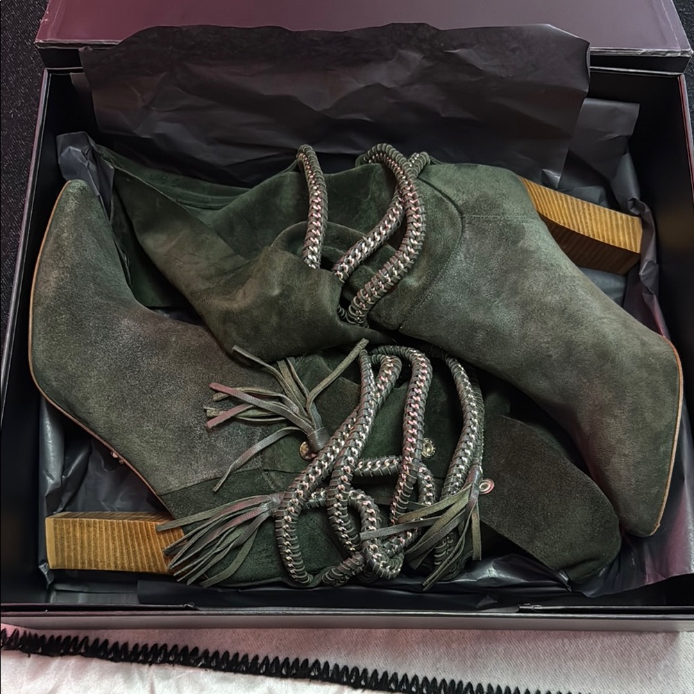 Monika Chiang Green Heeled Boots Suede Ankle Design